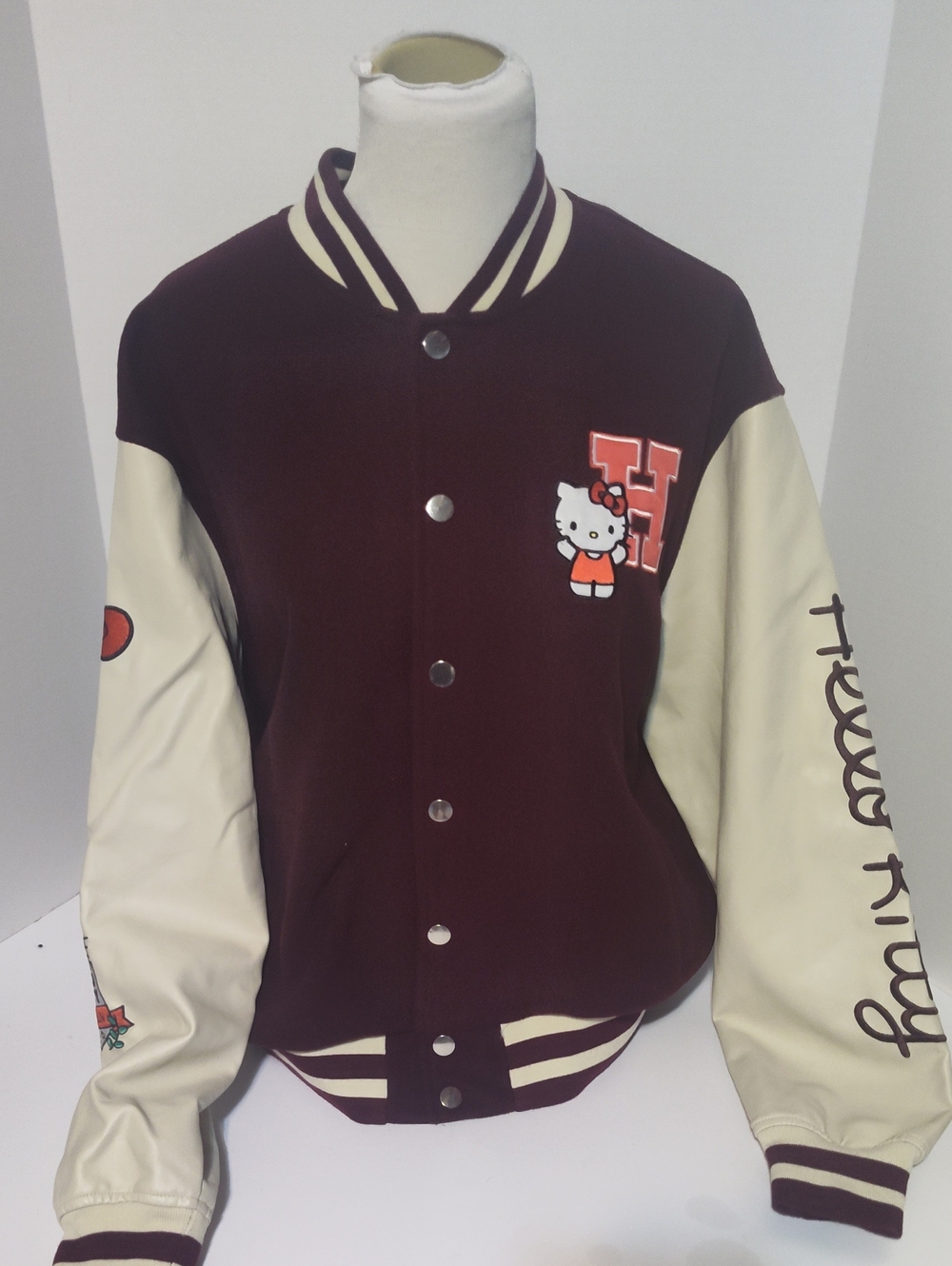Aero X Hello Kitty Maroon and Cream Varsity-Style Jacket Size Large